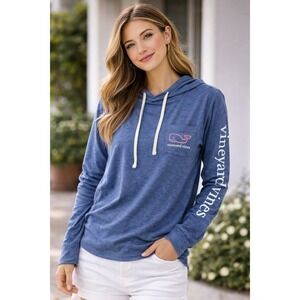 Vineyard Vines Edgartown Hoodie Shirt Women XXS Blue Whale Logo Pocket Lg Sleeve